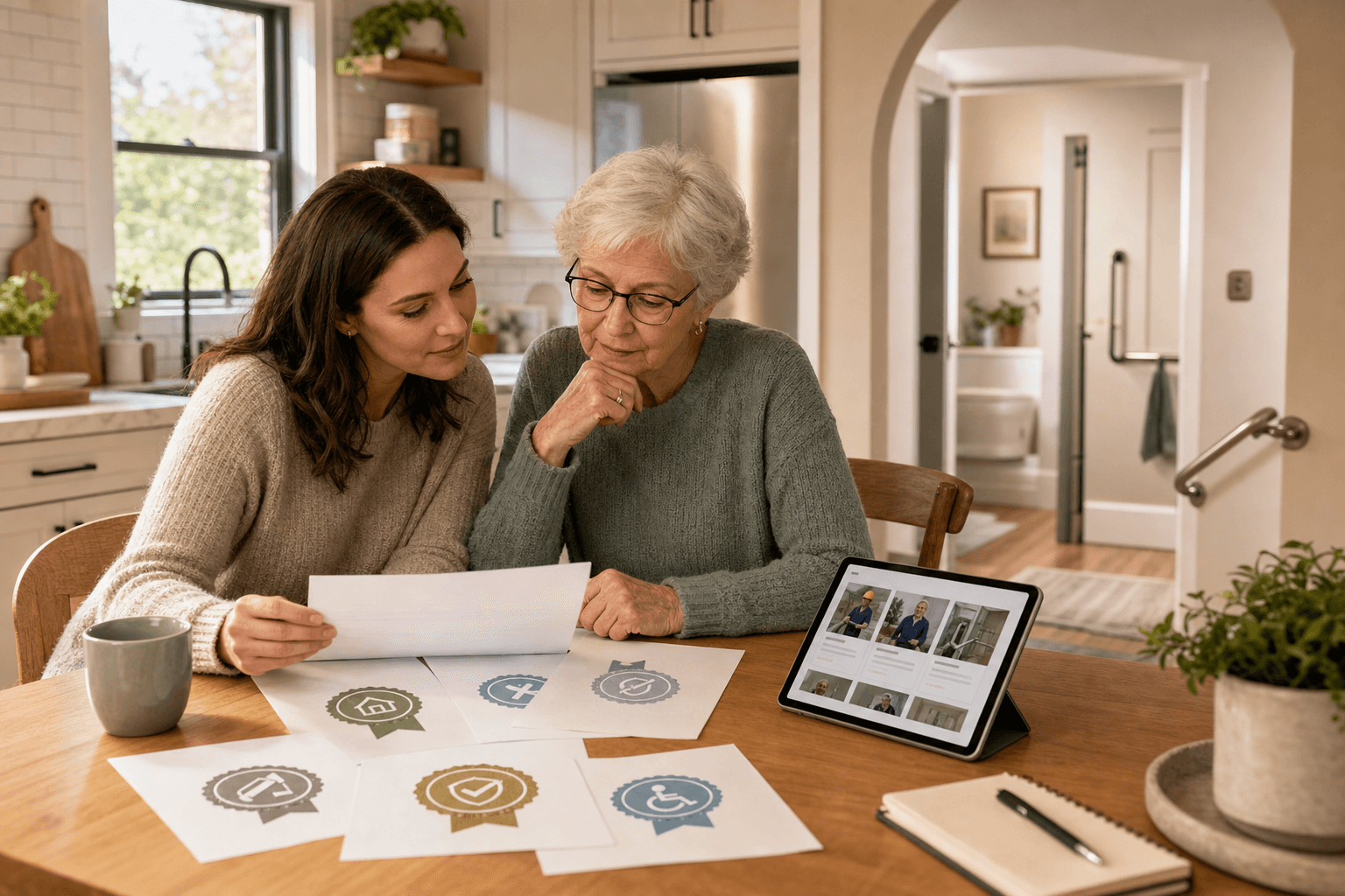 A family caregiver and older adult sitting at a sunlit kitchen table reviewing certification credentials and contractor profiles on papers and a tablet, with subtle home modification elements visible in the background through an archway