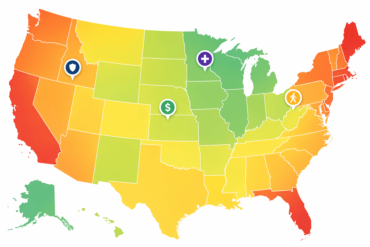 Stylized heat map of the continental United States with state boundaries shaded green-to-red representing home care cost variations, with small icons marking Rochester MN (hospital cross), Pittsburgh PA (walkability icon), Lincoln NE (dollar sign), and Boise ID (shield icon) on a clean white background.