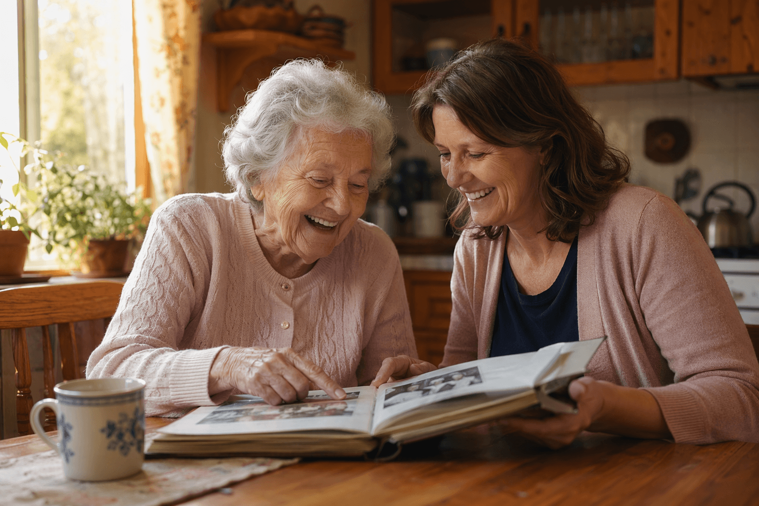 A senior woman and a companion caregiver sit at a kitchen table, laughing together while looking at a photo album.