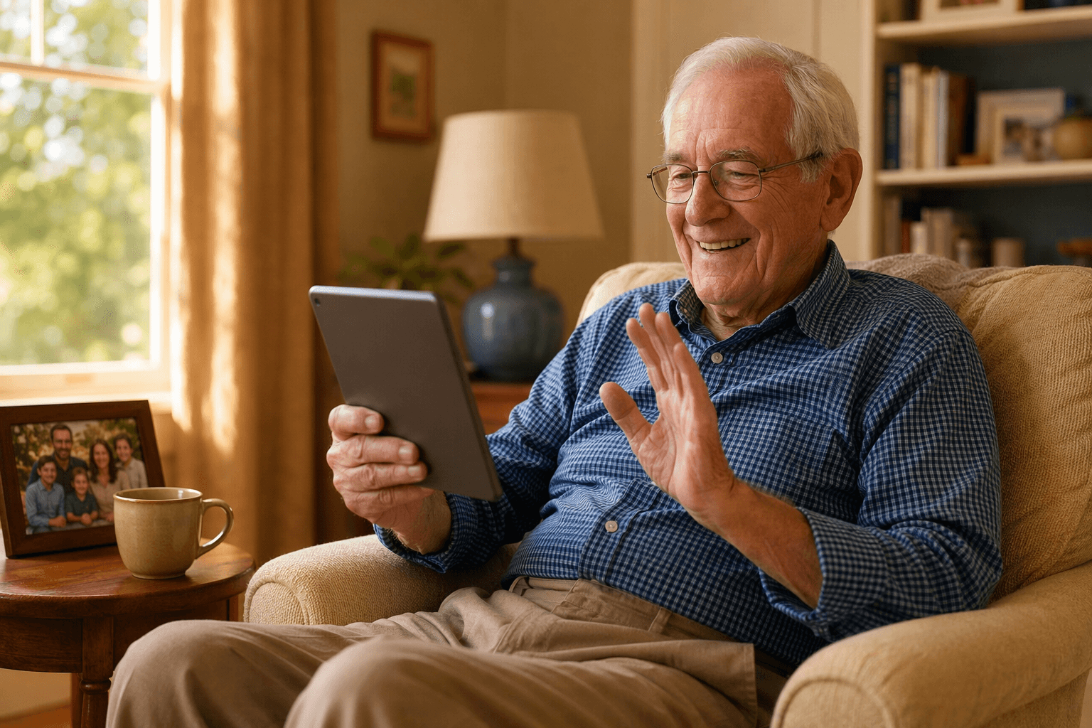An older man in a cozy armchair smiles while on a video call on a tablet, with a coffee cup and framed family photo nearby.