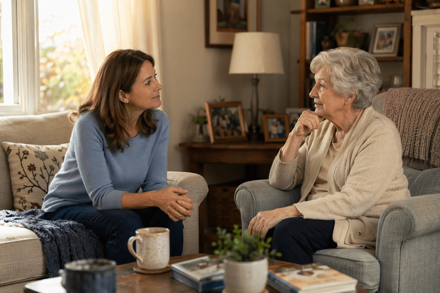 An adult daughter and elderly mother having a calm living-room conversation about independence and safety at home