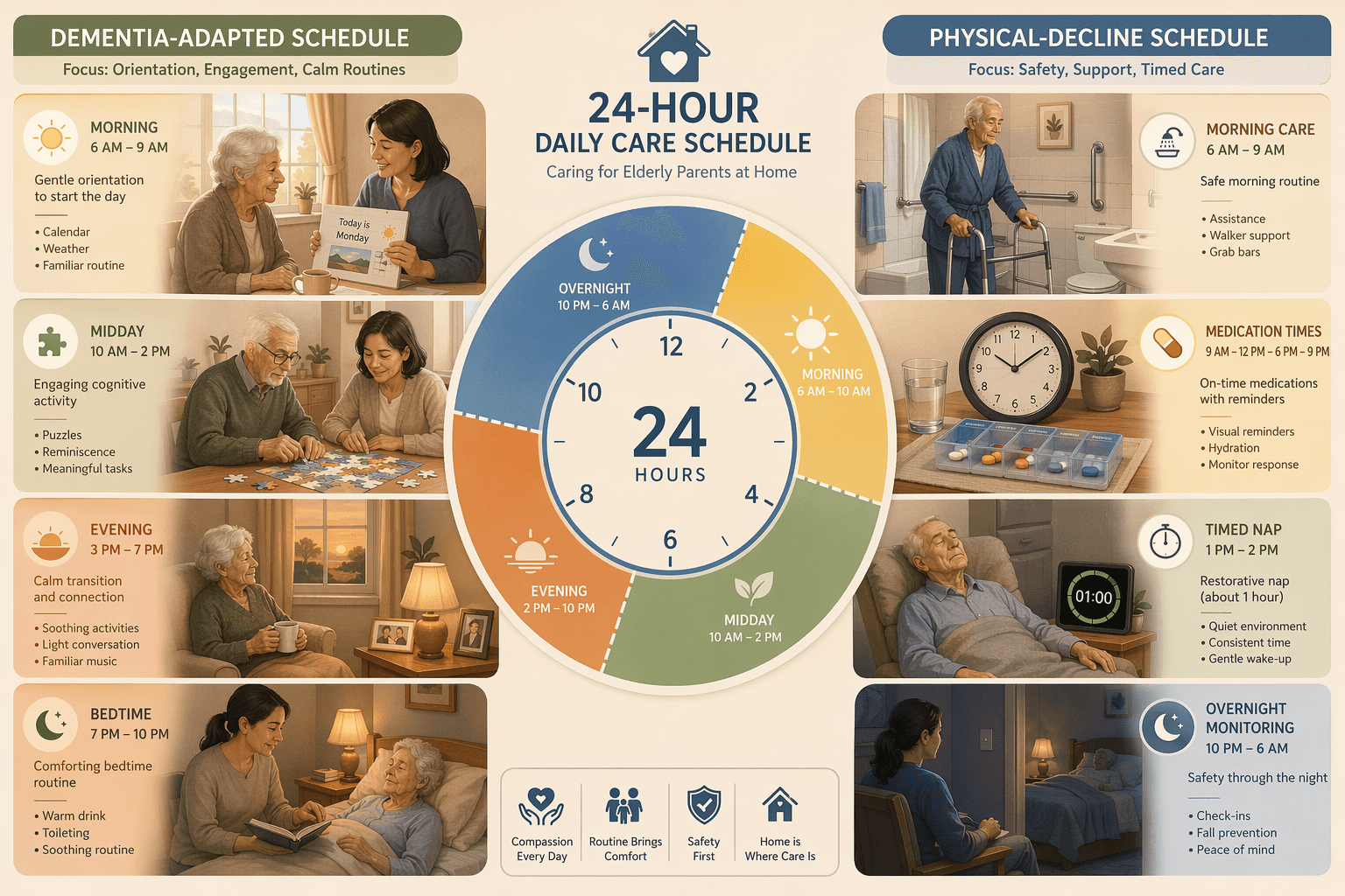 A split-composition infographic with a center 24-hour clock face showing color-coded time bands. The left half depicts a dementia-adapted daily schedule in warm amber tones with scenes of morning orientation, cognitive activity with puzzles, a calm sunset transition, and a soothing bedtime routine. The right half uses sage green tones showing a physical-decline schedule with a walker and grab bar, timed medication prompts, a napping scene with a one-hour timer, and overnight monitoring near a night-lit bedroom doorway.