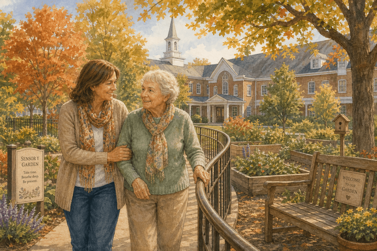 A warm digital painting of an adult child walking alongside an older parent on a secured garden path at a memory care community. A red-brick New England-style building with a chapel steeple sits in the background among autumn trees. Raised wooden planters and a bench are visible in a sensory garden.