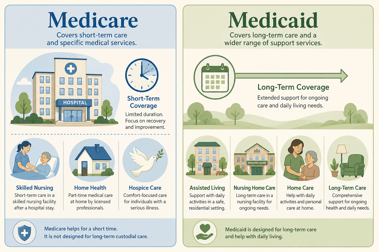 A two-column flat infographic comparing Medicare (hospital icon, short-term care clock, skilled nursing, home health, hospice icons) with Medicaid (assisted living, nursing home, home care aide, long-term care timeline icons).