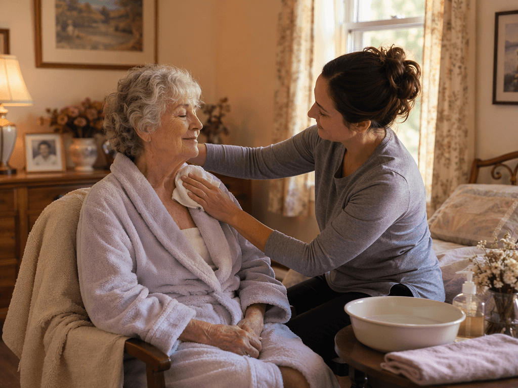 A warm, realistic illustration of a caregiver gently giving a sponge bath to an elderly person seated on a chair in a comfortable home setting. The caregiver uses a soft washcloth and a small basin of warm water on a side table. The elderly person wears a soft robe with a towel underneath.