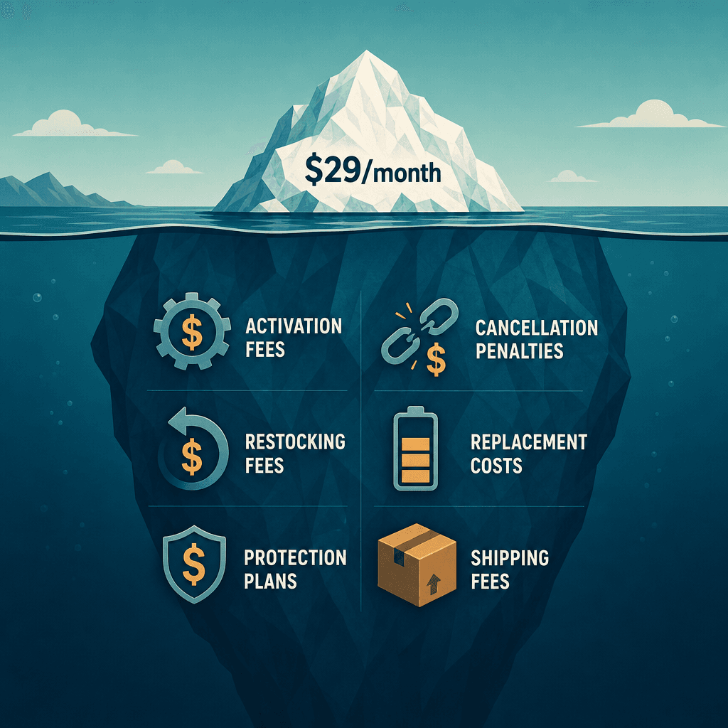 An iceberg illustration showing the advertised $29/month fee above the waterline and hidden costs like activation fees, cancellation penalties, restocking fees, battery replacement, protection plans, and shipping below the surface.