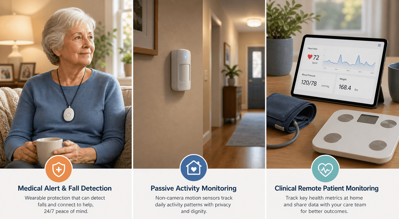 Three panels showing a wearable pendant, a wall motion sensor, and a blood pressure cuff with a tablet — representing medical alert, passive monitoring, and RPM approaches.