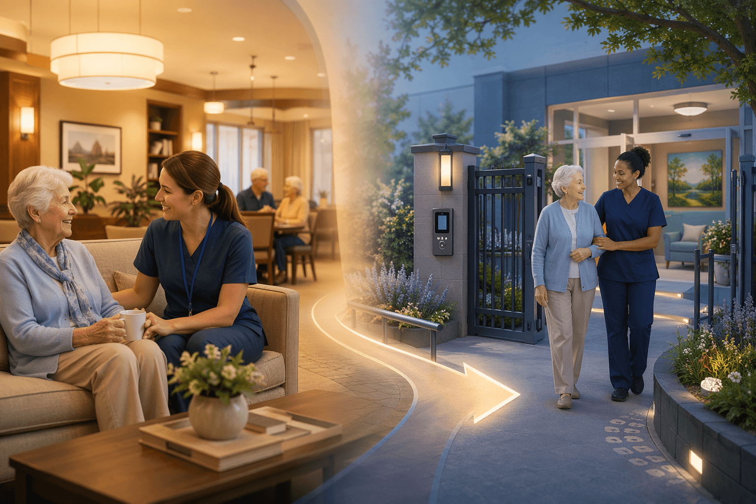 A warm indoor pathway leading from an assisted living common area to a secure memory care garden, representing the transition between care levels.