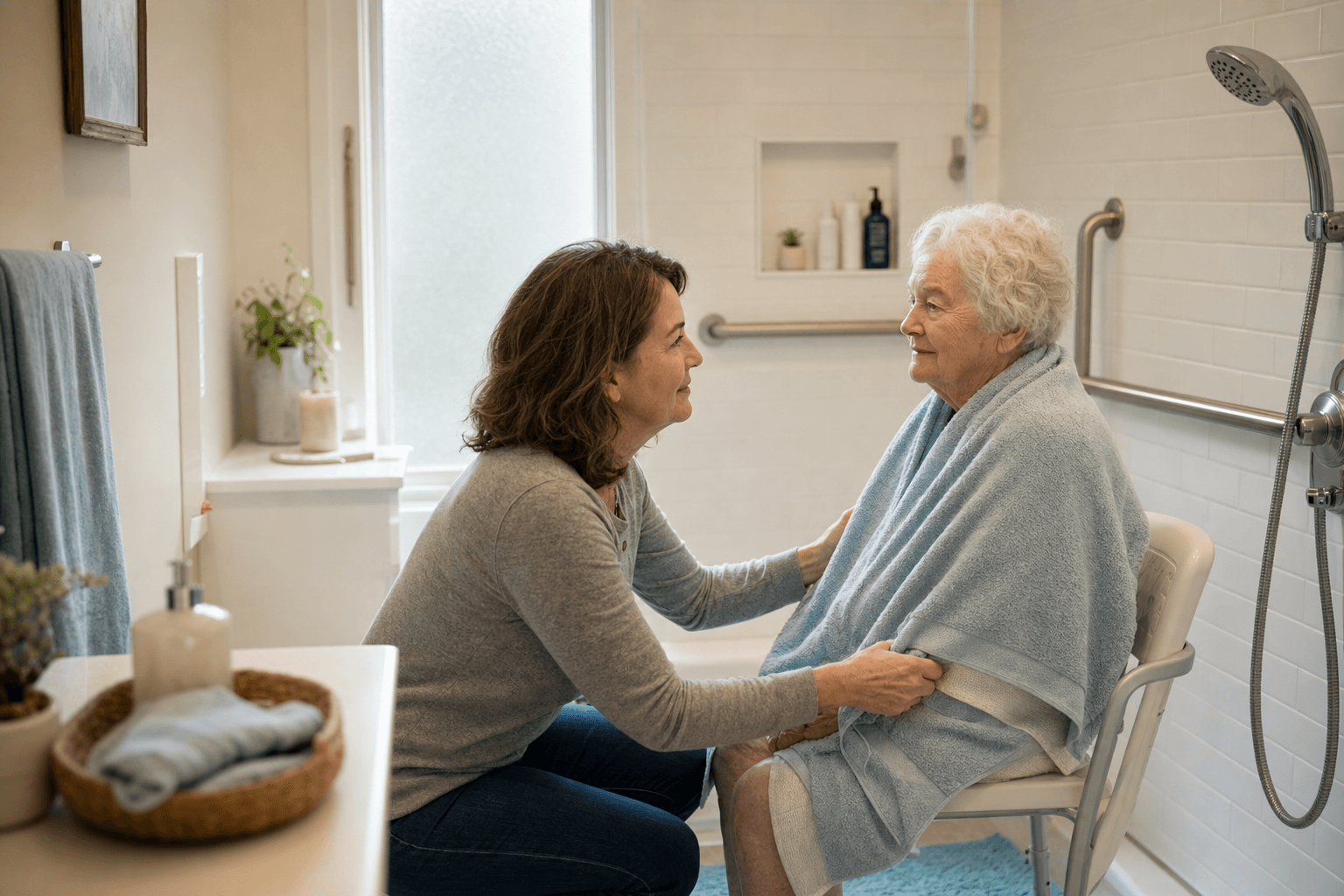 A caregiver sits at eye level with an elderly parent seated on a shower chair, a towel draped over the parent's shoulders. Soft natural light fills the room. A handheld showerhead, grab bars, and a non-slip bath mat are visible.