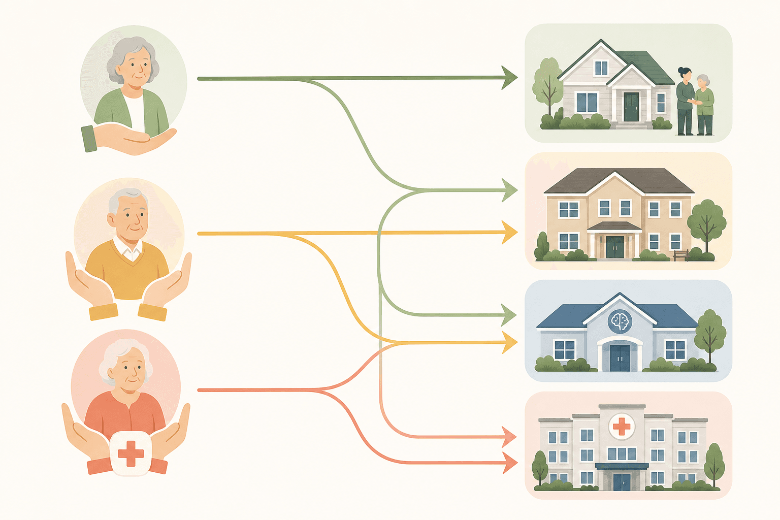 Editorial illustration showing a branching decision matrix with care need levels on the left and corresponding care setting icons on the right.