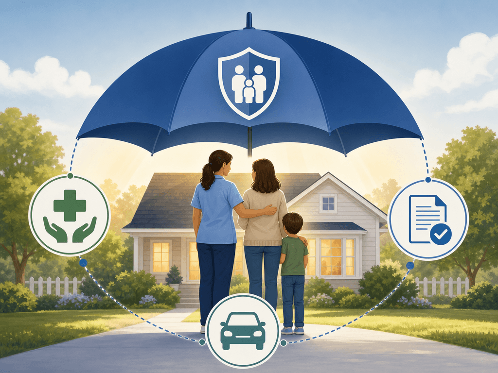 Editorial illustration showing a protective shield over a family home, surrounded by simplified icons for workers' compensation, liability insurance, and auto insurance.