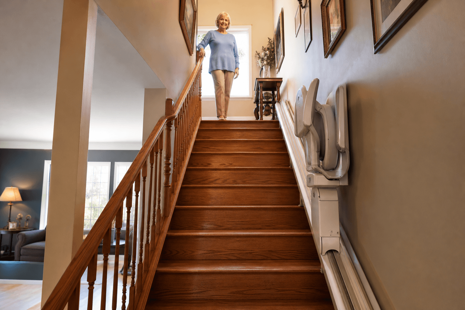A warm, lived-in home staircase viewed from the bottom looking up, with a modern stair lift installed on the right side rail. An older adult stands at the top landing, looking down with a calm expression.