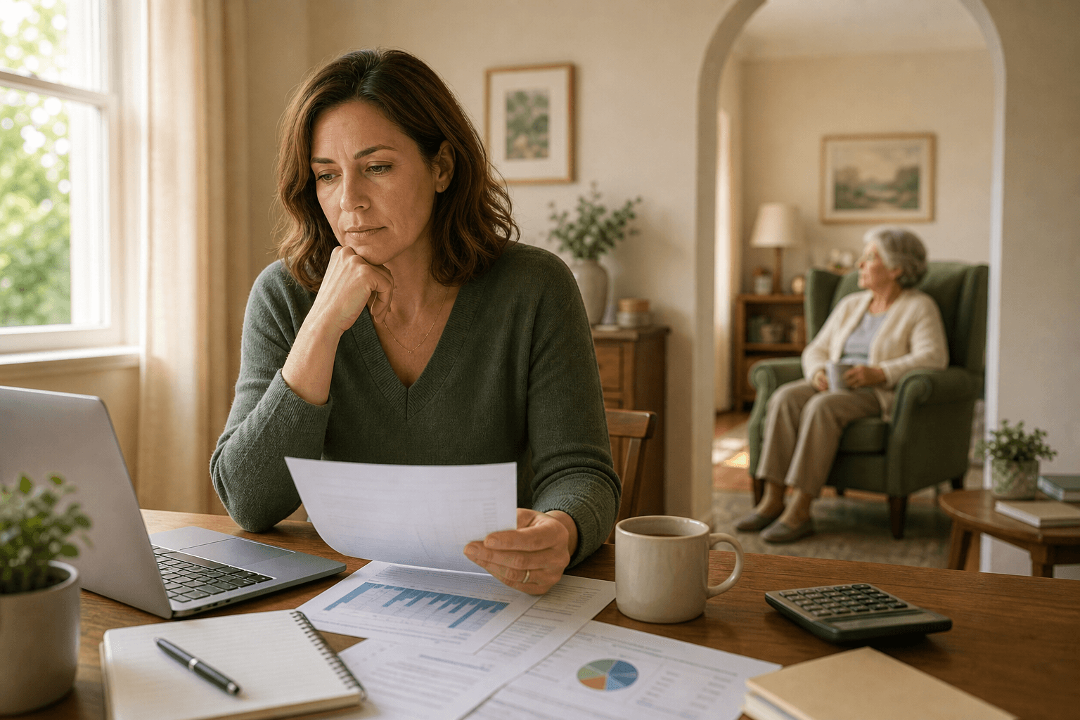 An adult daughter in her 40s sits at a home desk with financial papers and a retirement savings chart, while her elderly mother is visible through a soft archway in the background, conveying the hidden financial weight of caregiving.