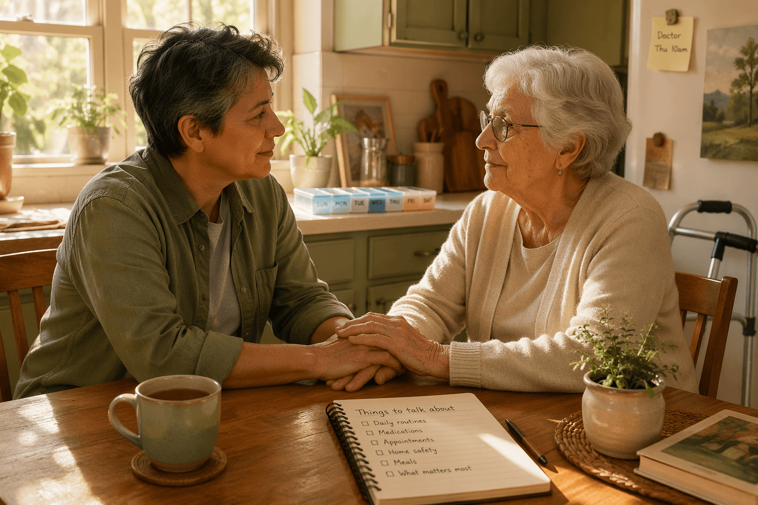 An adult child and elderly parent sitting at a kitchen table, hands gently overlapping, with a notebook and tea visible.