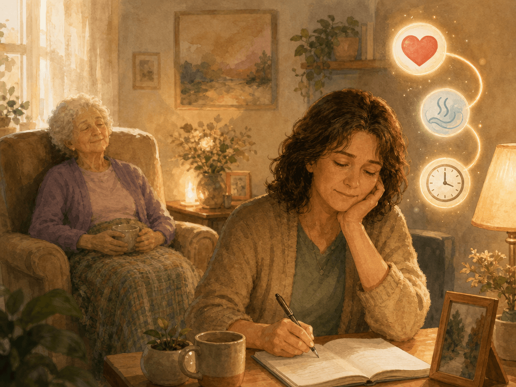 A warm watercolor-style editorial illustration of a living room showing an elderly woman with dementia sitting peacefully in an armchair while a middle-aged adult child sits at a desk looking gently tired but composed, with subtle symbols of heart and clock nearby.