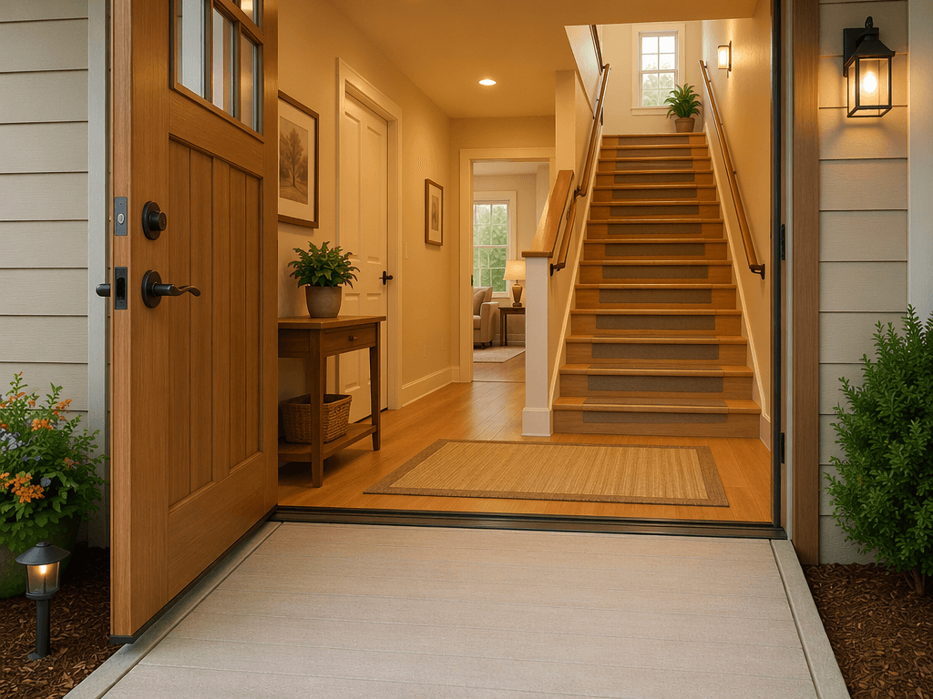 Safe home entryway and staircase showing a low-slope ramp at the front door, wide clear path, lever door handles, handrails on both sides of stairs, bright lighting at top and bottom, and non-slip treads.