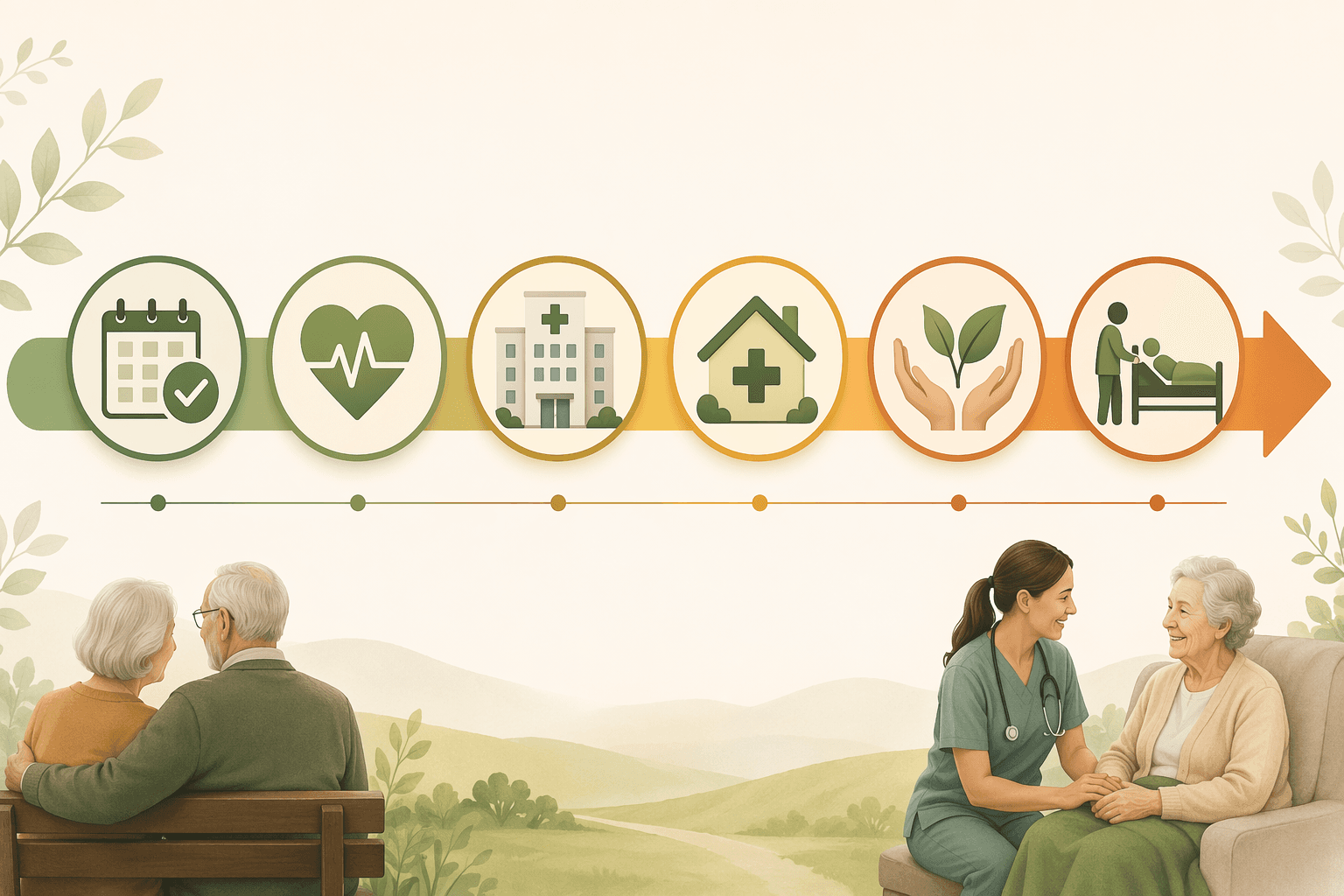 A horizontal care spectrum with a flowing arrow connecting icons from left to right: preventive care, chronic disease management, acute care, home health, palliative/hospice, and skilled nursing.
