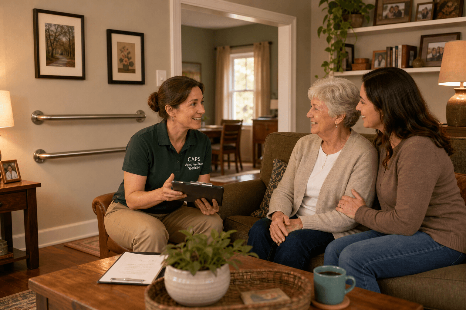 A CAPS professional in workwear discusses home safety modifications with an older adult and their adult child in a living room with grab bars and a wide doorway visible.