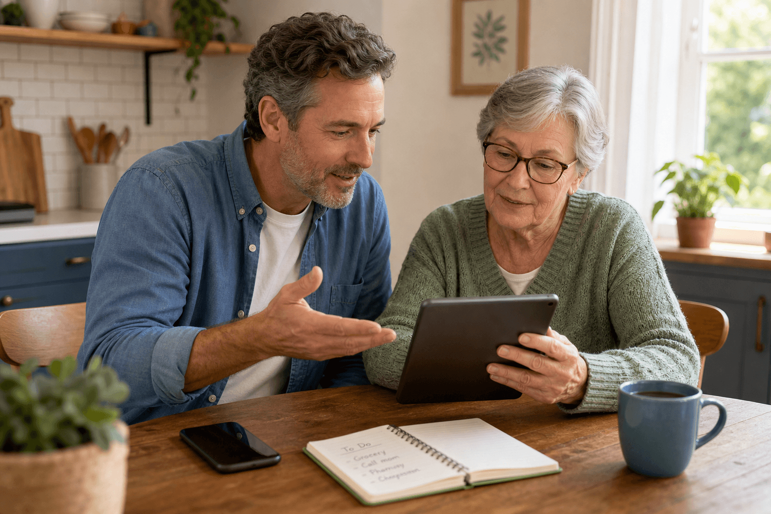 An adult child in their 40s–50s sits beside an older parent at a warm kitchen table with soft window light. Both look at a tablet that the parent's hand rests on; the adult child gestures calmly without touching the screen. A smartphone and handwritten notebook sit on the table.