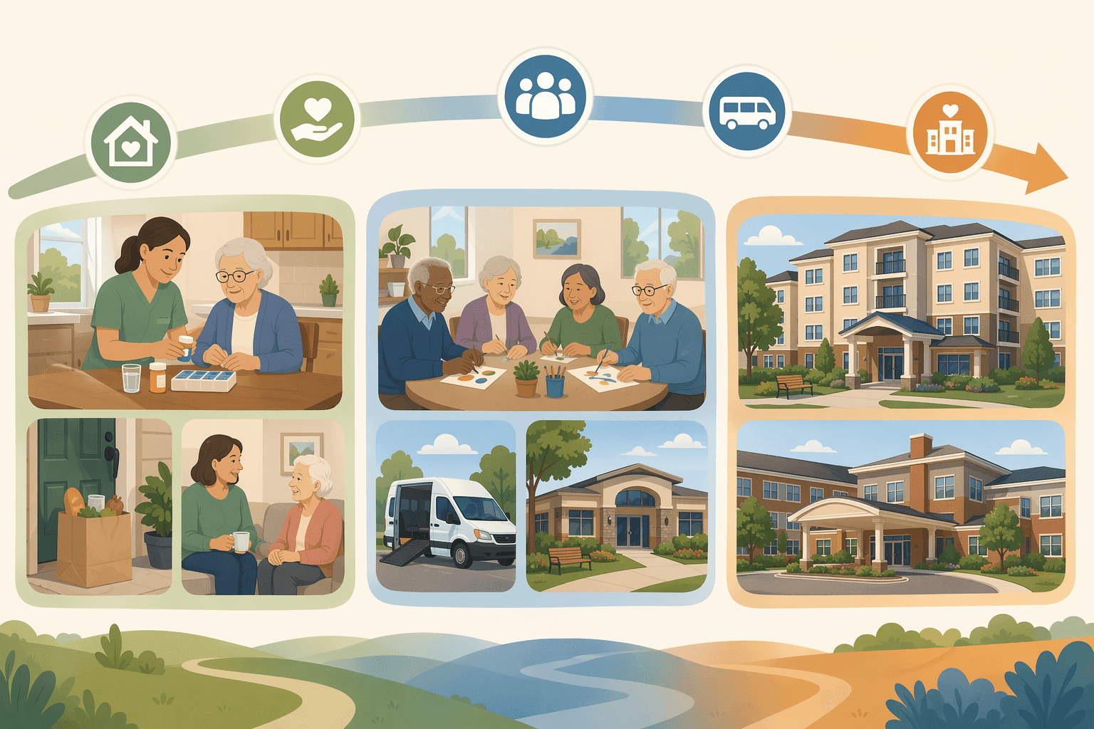 A spectrum of senior health services from home-based to community-based to facility-based care, shown with icons and a flowing arrow.