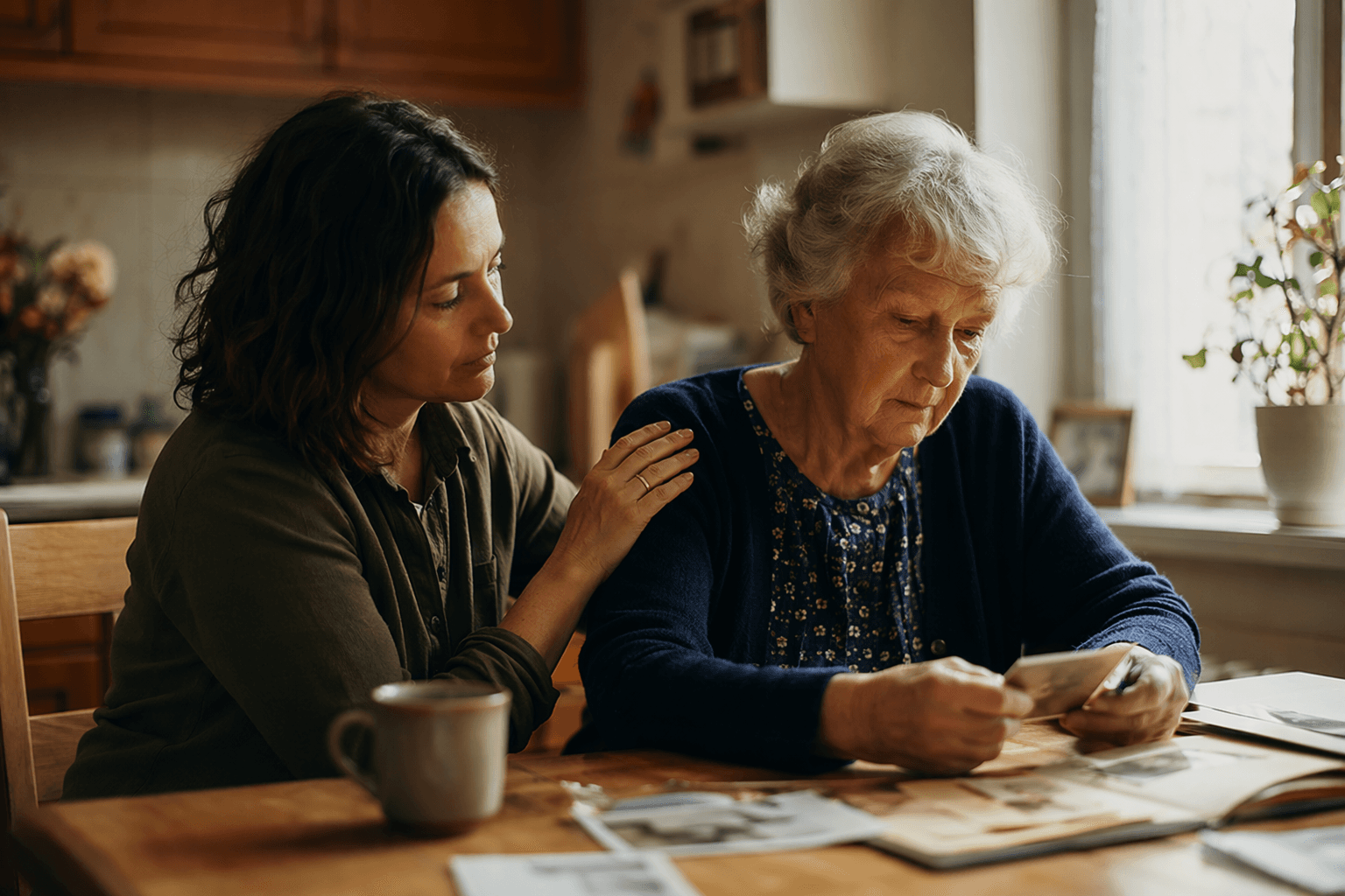 A middle-aged adult child and an elderly parent sitting at a sunlit wooden kitchen table. The adult has a hand gently resting on the parent's shoulder. The parent looks at old photographs.