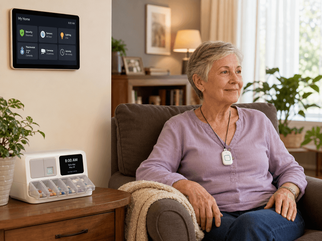 A cozy living room scene with an older adult seated in an armchair wearing a medical alert pendant, a smart medication dispenser on a side table, and a smart home display panel on the wall with soft natural light through curtains