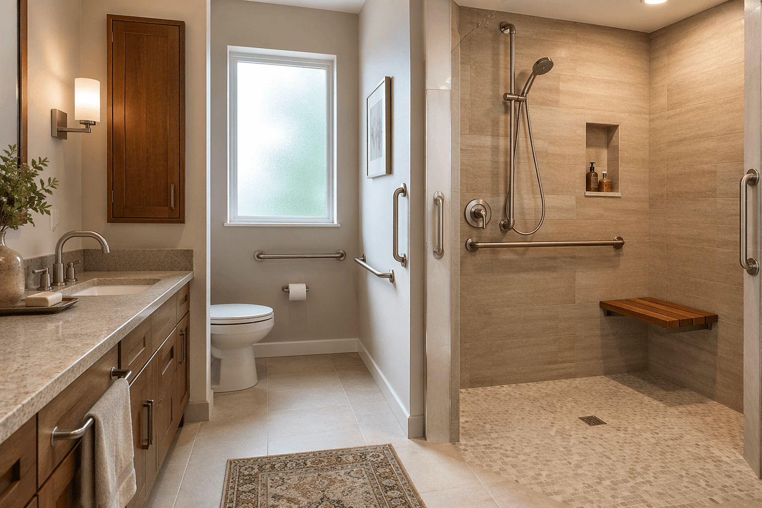 A bright, modern residential bathroom with a curbless walk-in shower, built-in teak bench, brushed nickel grab bars, raised toilet with grab bars, non-slip floor tiles, warm wood accents, and natural light from a frosted window.