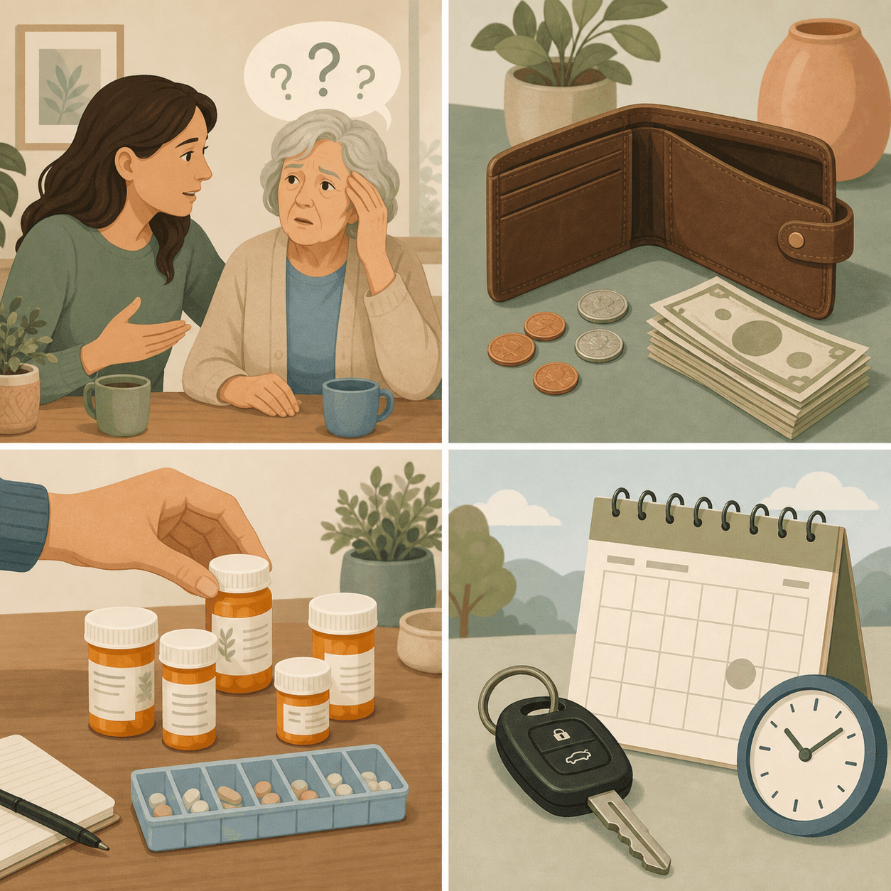 Four quadrant illustration showing dementia caregiver challenges: communication, financial strain, medication management, and transportation barriers.