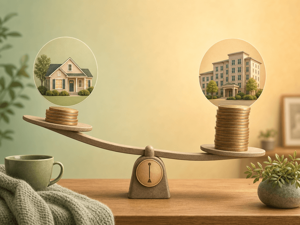 Conceptual balance scale illustration showing the 40-hour per week tipping point between home care and assisted living, with coins and house icon on one side and larger coins and building icon on the other.
