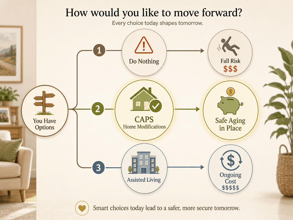 Decision pathway illustration showing three icon-based nodes: 'Do Nothing' leading to a warning and fall risk icon, 'CAPS Home Modifications' leading to a house and piggy bank icon for safe aging in place, and 'Assisted Living' leading to a building and repeating dollar sign icons. The CAPS pathway is highlighted in warm green.