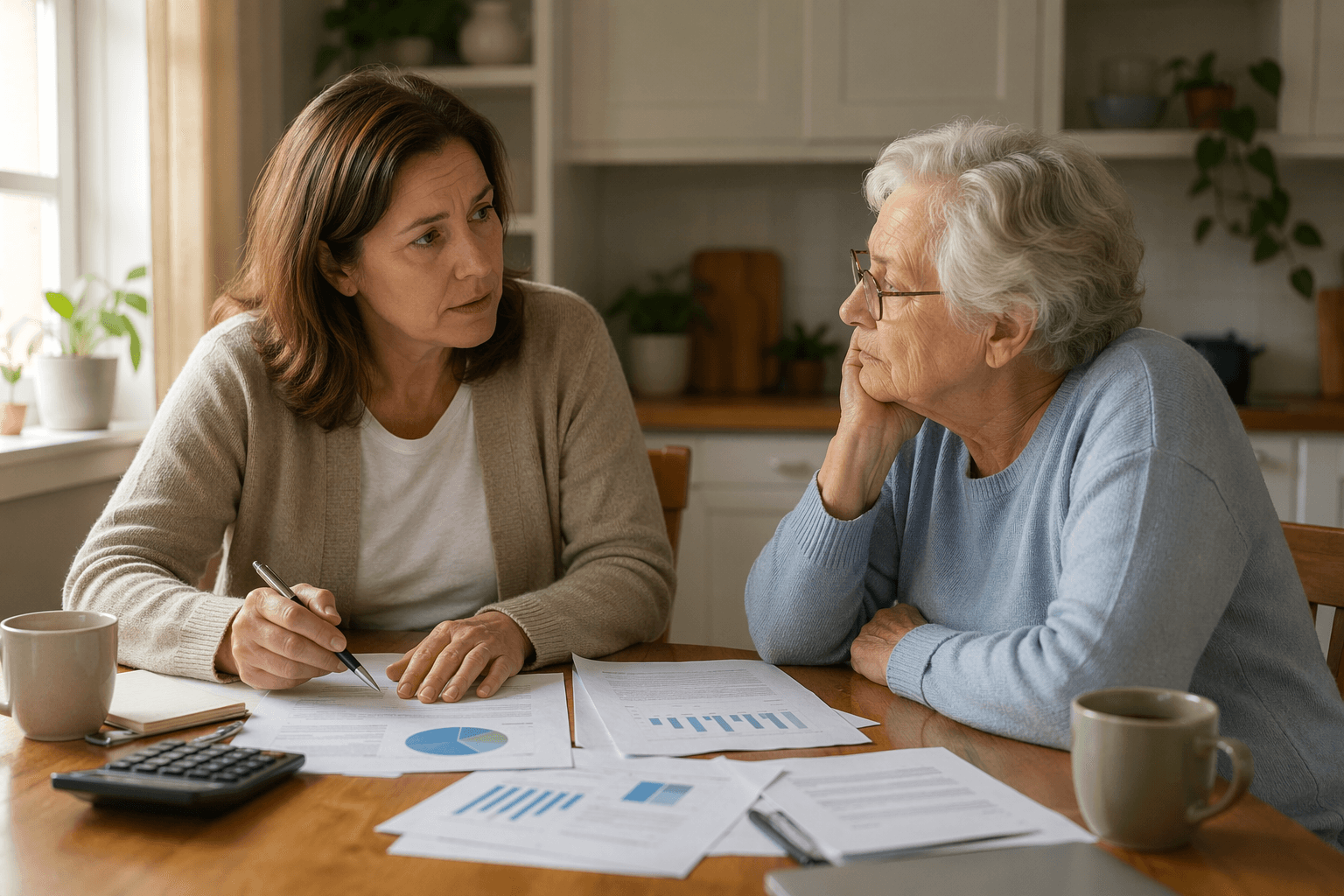 An adult child and elderly parent sitting at a kitchen table covered with financial papers, bills, and a coffee mug, having a serious conversation about care costs.