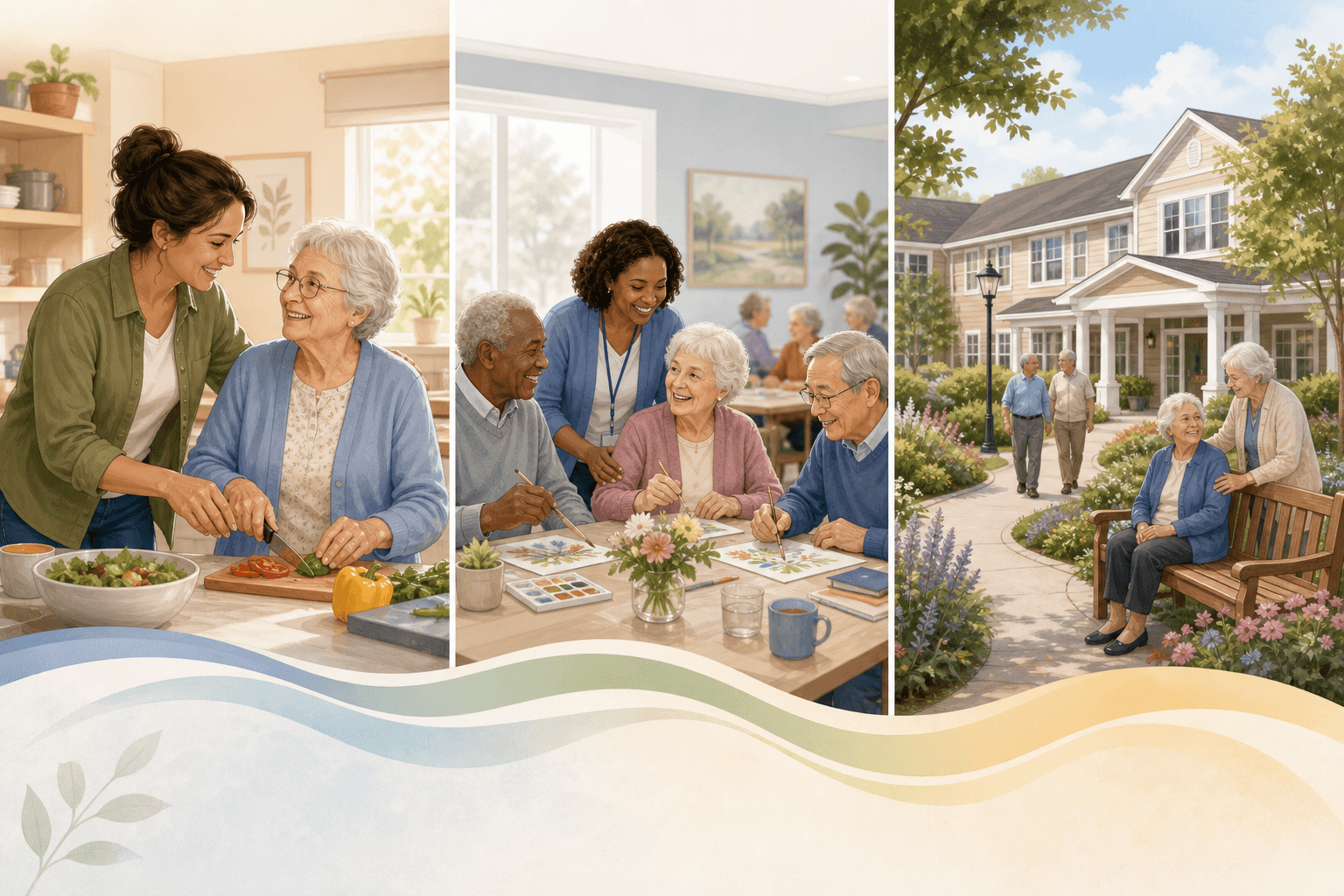 Three side-by-side scenes: in-home caregiver helping in a kitchen, a group activity at an adult day center, and a peaceful residential care facility with gardens.