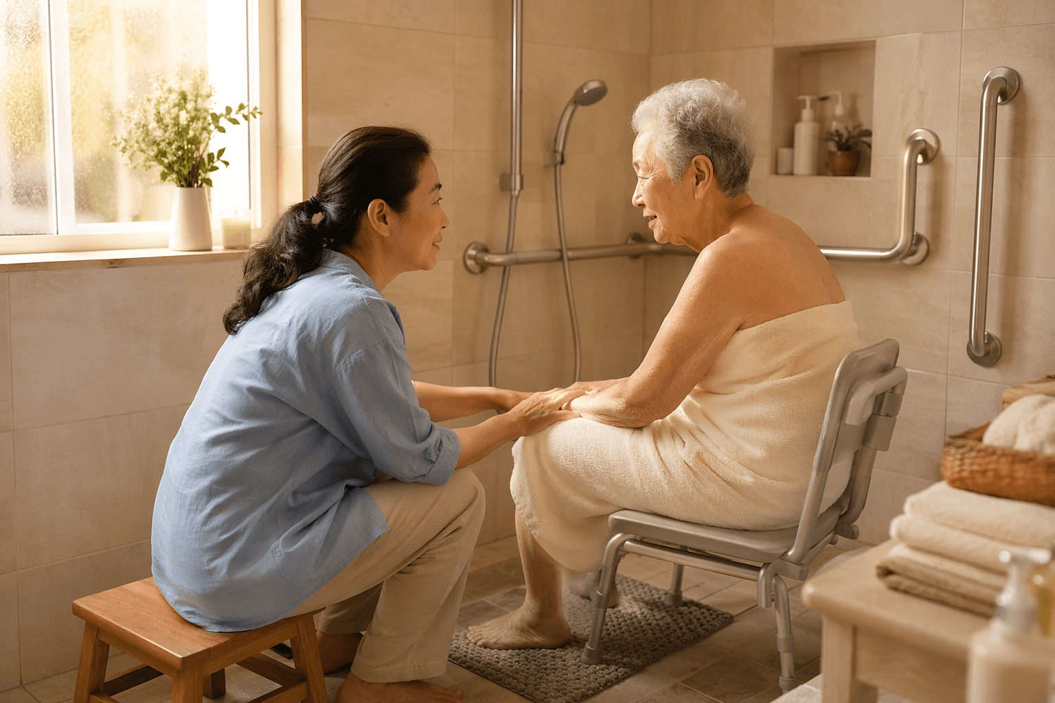 A warm bathroom scene from a slightly elevated angle showing a middle-aged adult child in a soft blue shirt seated on a low wooden stool beside an elderly parent wrapped in a cream towel on a shower chair inside a walk-in shower, with grab bars on the tile wall and warm golden window light, capturing a calm and dignified caregiving moment.