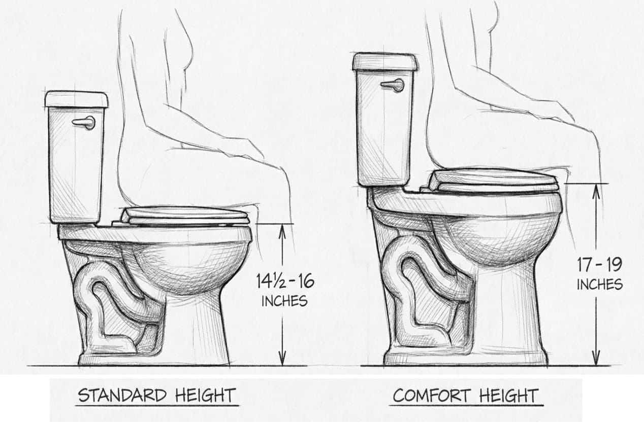 Side-by-side comparison of a standard height toilet and a taller comfort-height toilet showing the visible difference in seat height.