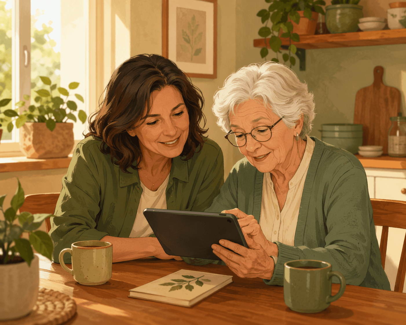 An adult child in their 40s sits beside an older parent at a sunlit kitchen table, both looking at a tablet that the older adult is touching.