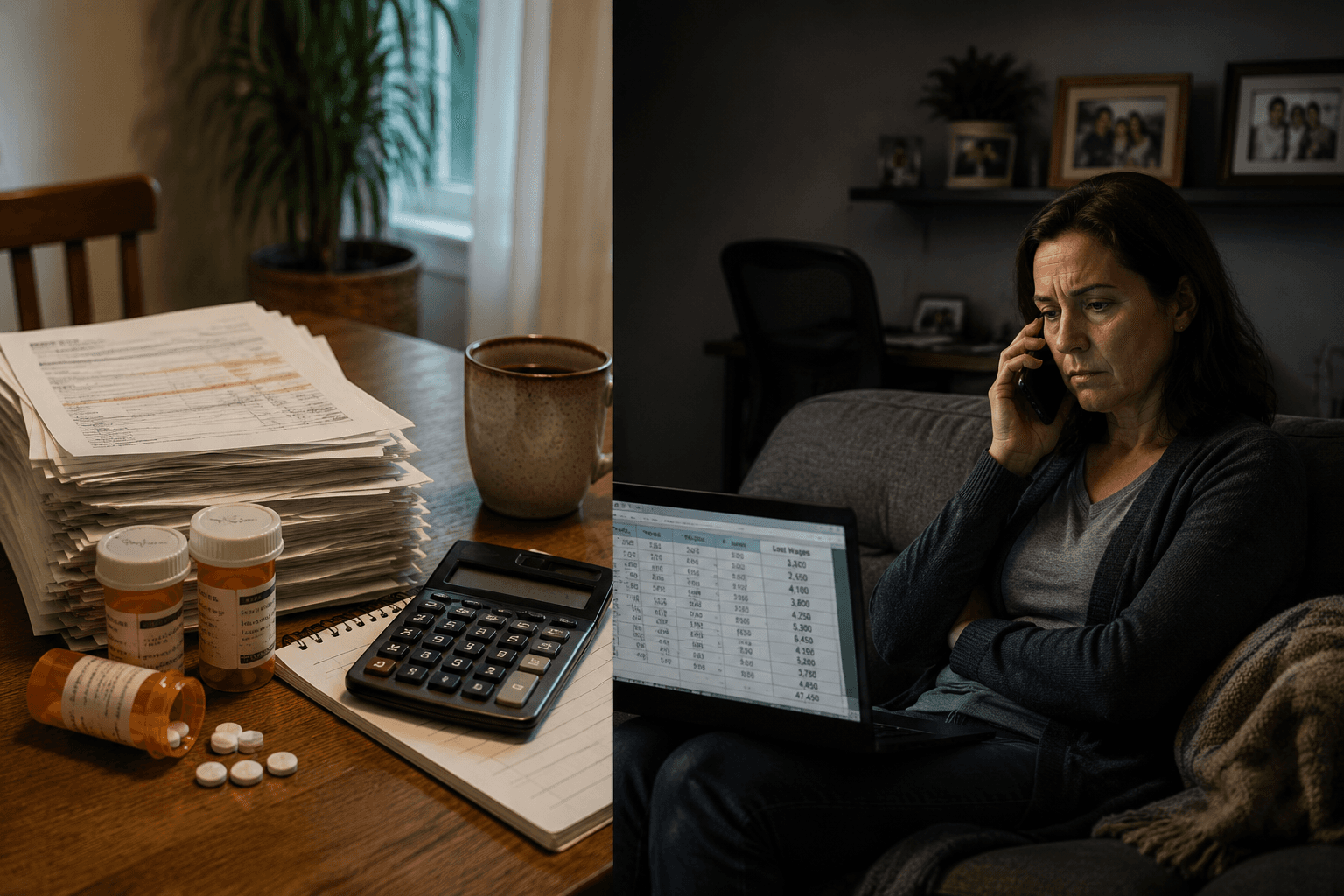Family financial strain from dementia care shown through bills, caregiving calls, and lost wages