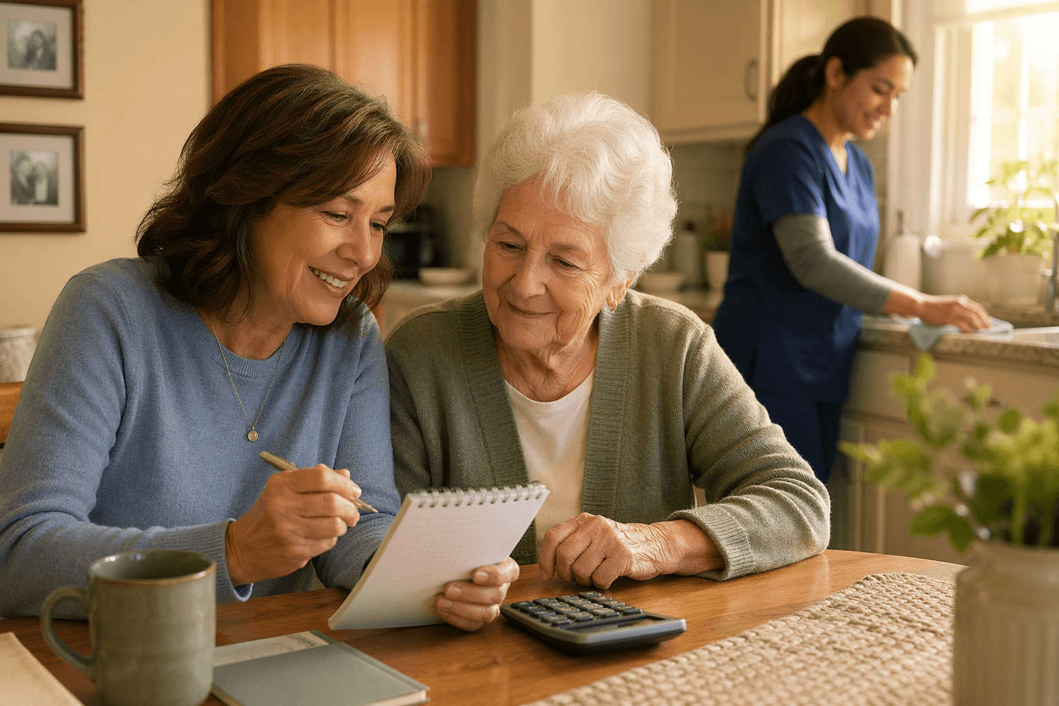 A middle-aged adult child and an elderly parent sitting at a sunlit kitchen table, reviewing a notepad and calculator together while a caregiver assists in the background.