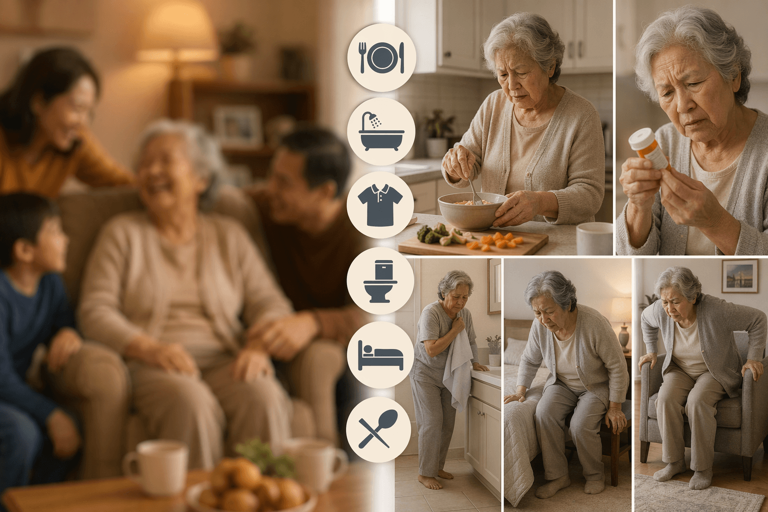 Split illustration: on the left, a warm everyday family scene with a smiling parent in a chair; on the right, a clearer view showing the same parent struggling with daily tasks — shaky hands, difficulty reading a medication bottle, trouble standing — with ADL icons arranged between the two scenes.