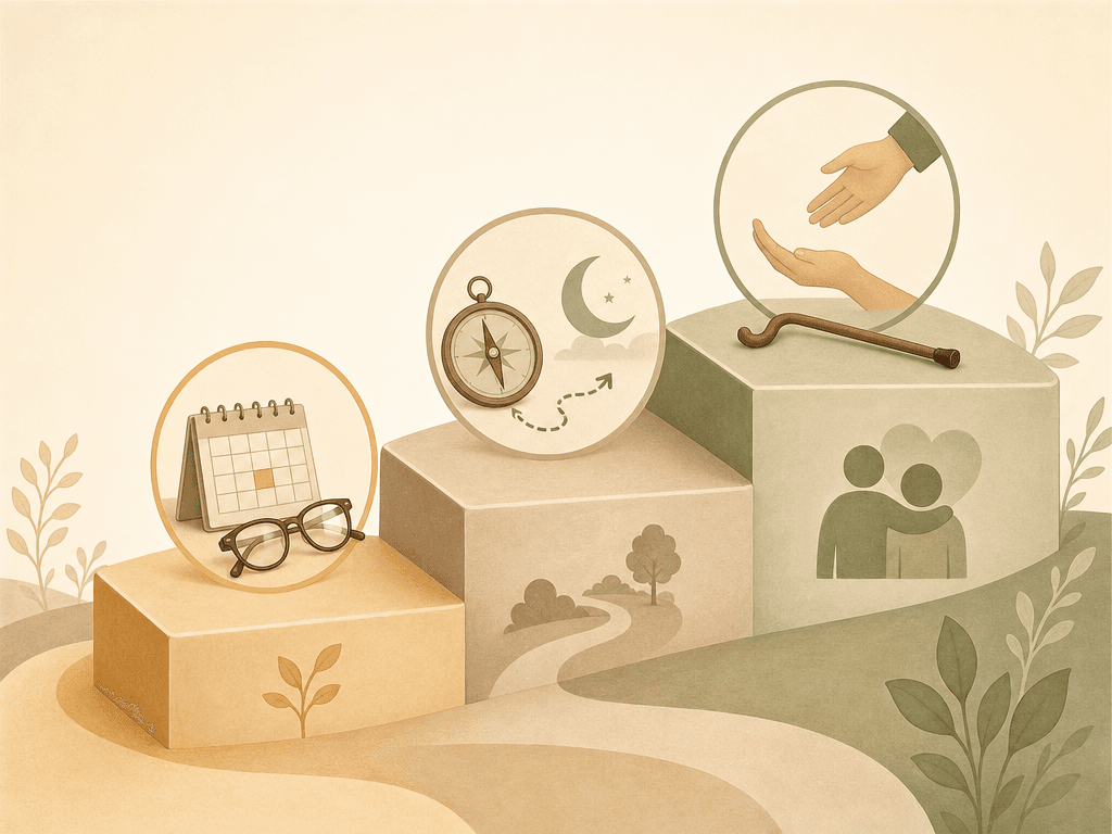 A clean editorial illustration showing dementia stage progression as a gentle ascending staircase with three levels in warm earth tones, each featuring respectful icon-like symbols.