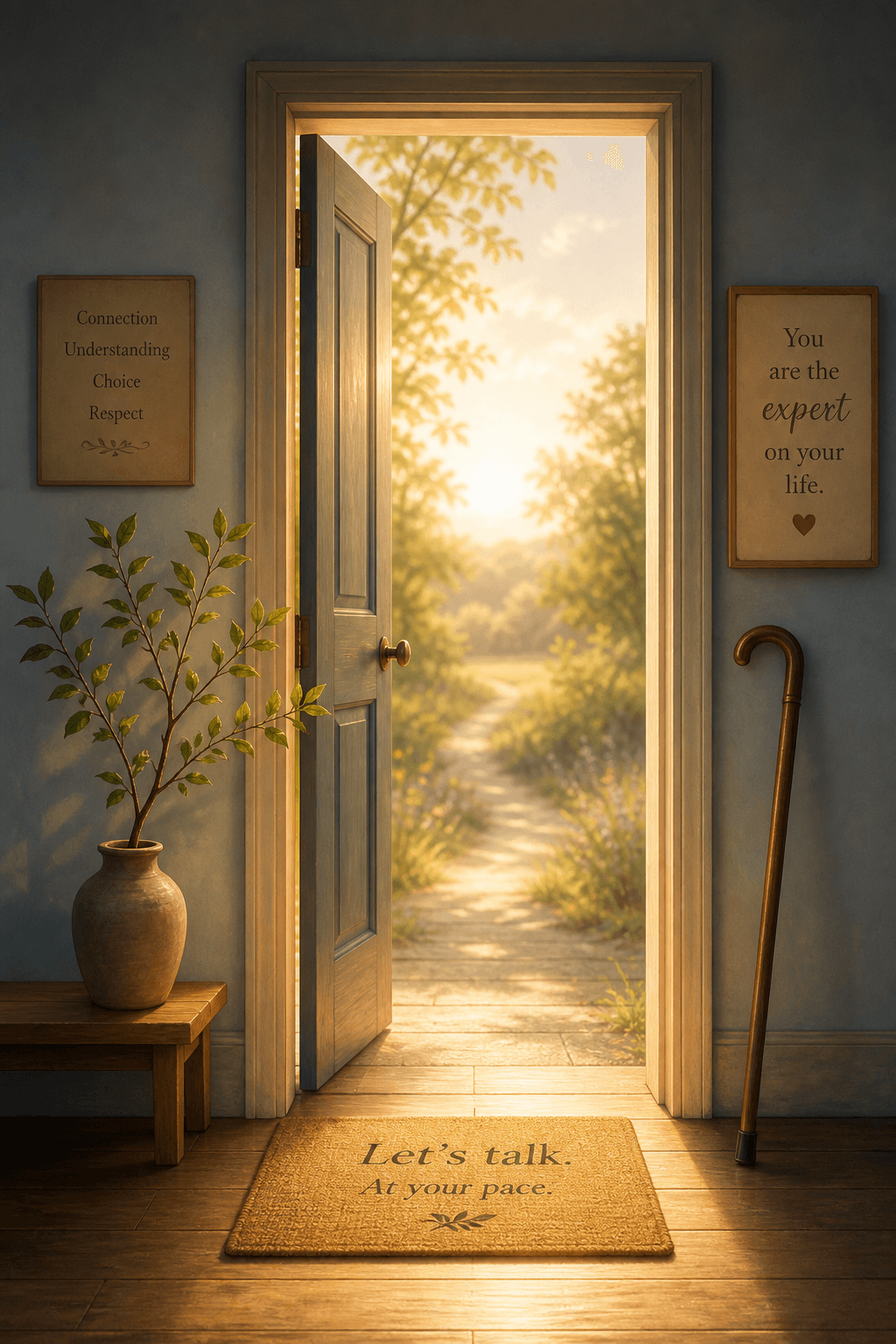 An editorial visual metaphor of an open doorway with warm golden light, a leafy branch on one side and a wooden walking cane leaning against the wall on the other, set against soft blue tones