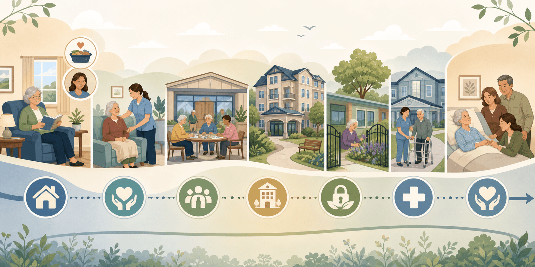 A horizontal flat-illustration continuum showing the spectrum of elderly care, from independent living at home with support icons, through home care aide assistance, adult day center, assisted living, memory care with garden, skilled nursing facility, to hospice care with family present.