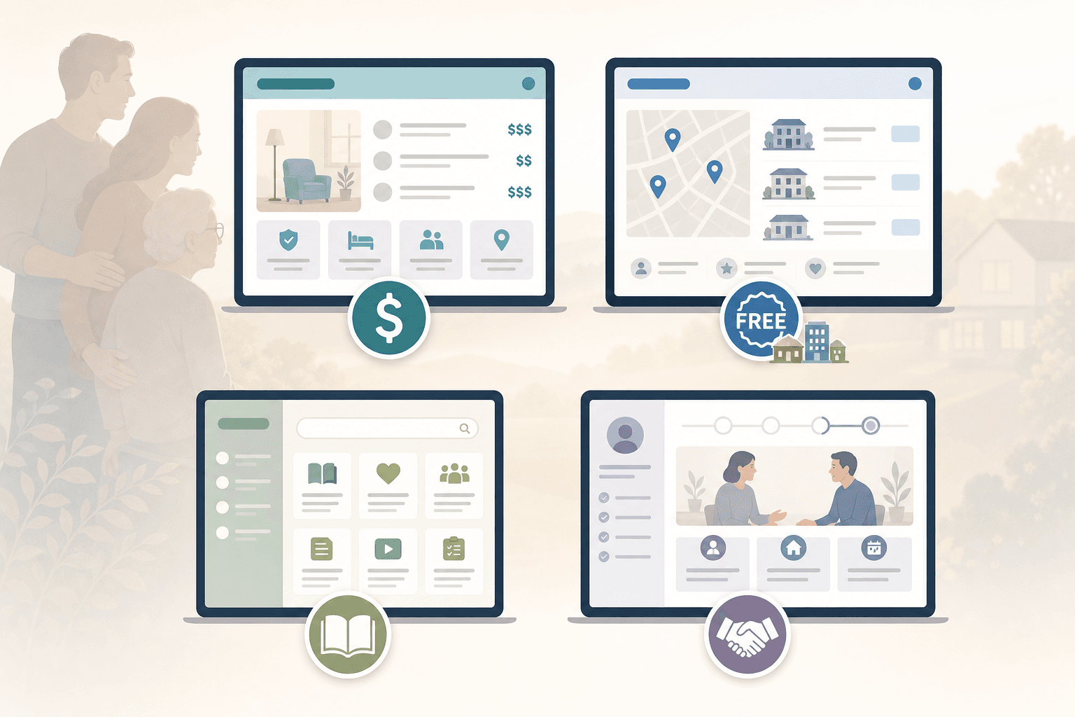 A 2x2 grid showing four simplified website interface screens on device outlines, each paired with an icon below: a dollar sign for paid marketplace, a free badge with small buildings for referral directory, an open book for resource directory, and a handshake for personalized placement service.