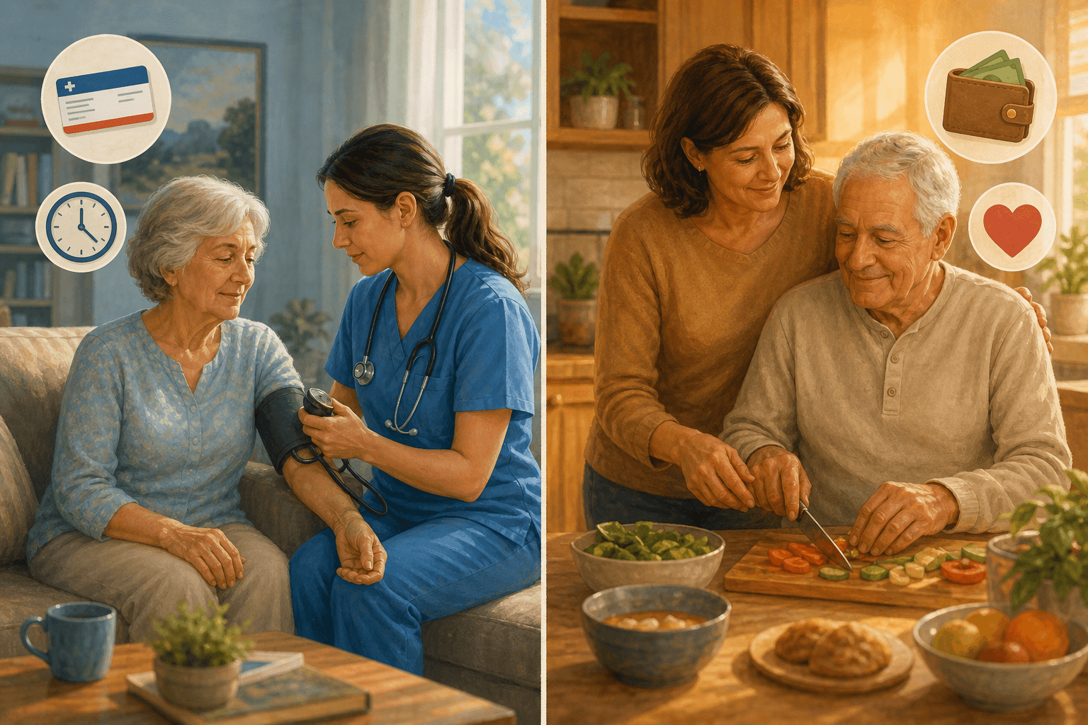 A split-scene editorial illustration: left side shows a visiting nurse in blue scrubs checking an older adult's blood pressure in a calm home living room with soft natural light, with small floating icons suggesting a Medicare card and part-time clock; right side shows a caregiver helping an older adult with meal preparation in a kitchen, with floating icons suggesting out-of-pocket cost and family funding, with a subtle visual divider down the center.
