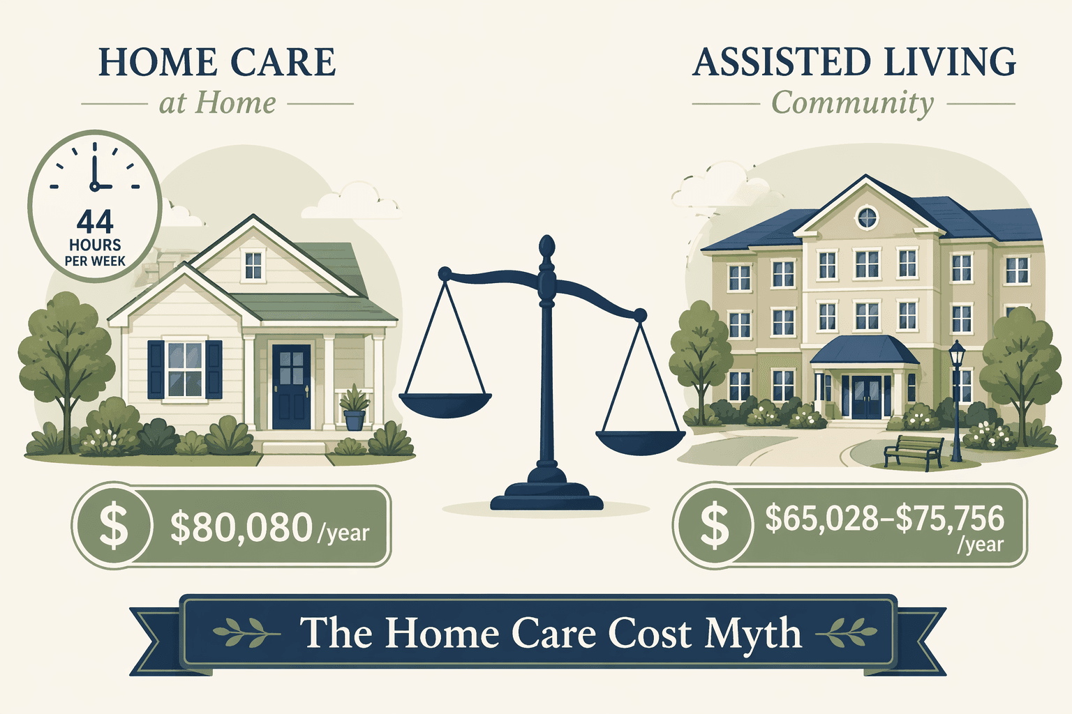 A side-by-side infographic comparing two senior care cost scenarios. Left side shows a home illustration with a 44-hours-per-week clock icon and a badge reading '$80,080/year'. Right side shows an assisted living building with a badge reading '$65,028–$75,756/year'. A balanced scale icon between them tips slightly toward the left side. A bottom banner reads 'The Home Care Cost Myth.' Sage-green and navy-blue colors on cream background.