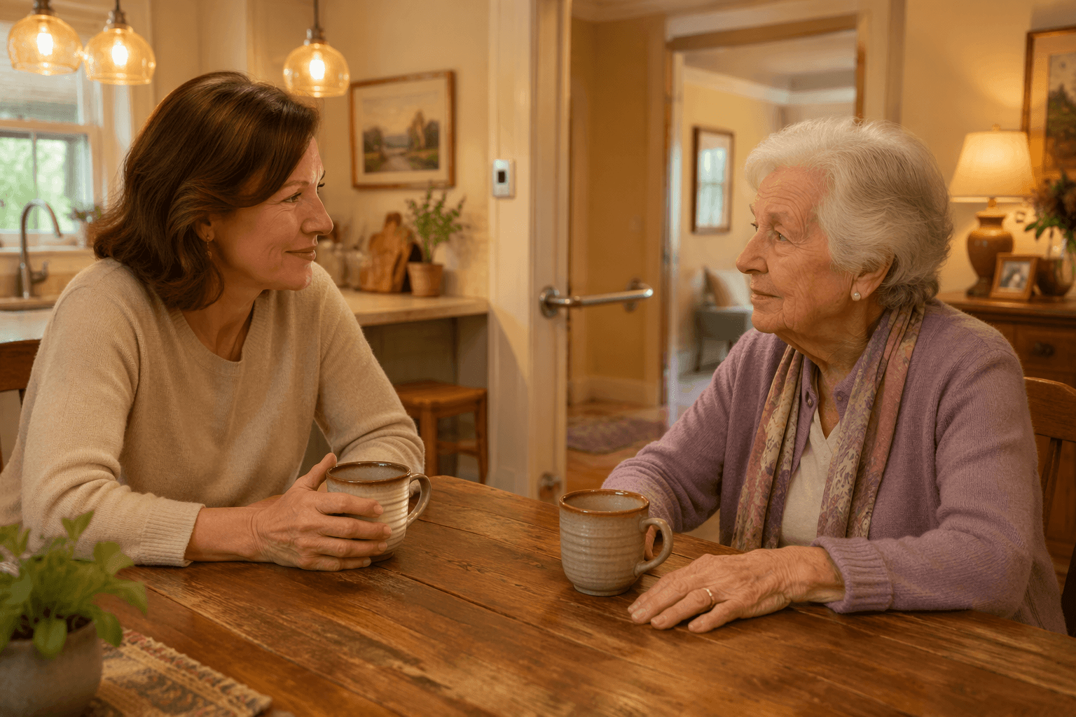 An adult child and elderly parent sit at a wooden kitchen table with two coffee cups, engaged in a calm, caring conversation. Warm amber-gold tones. A decorative grab bar and warm lighting are visible in the background.