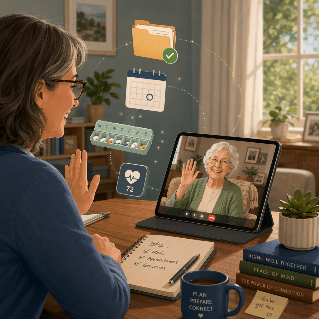 An adult child on a video call from a home office, with a parent visible on a tablet in a living room. Floating icons represent a document folder, calendar, pill organizer, and heart-rate monitor.