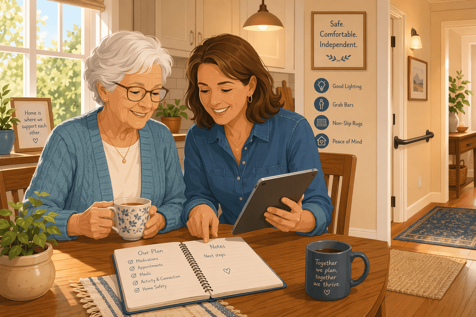 A family caregiver and an older adult review care costs at a kitchen table, with subtle home safety features visible in the background.
