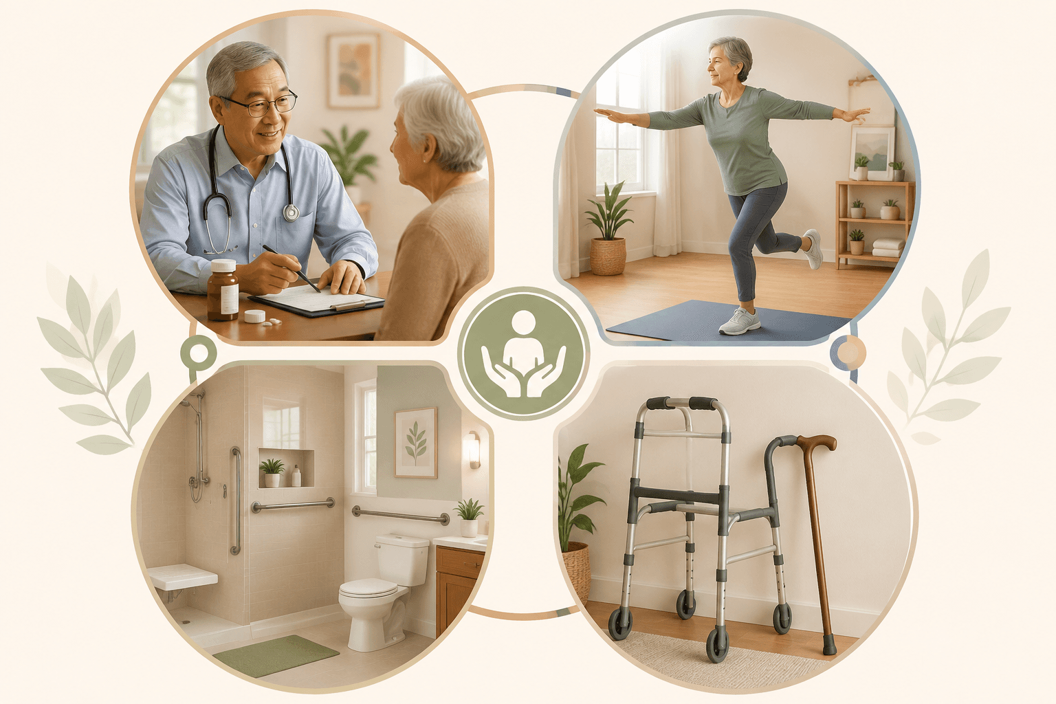 Four interconnected elements of fall prevention: medical review, targeted exercise, home modification, and assistive devices