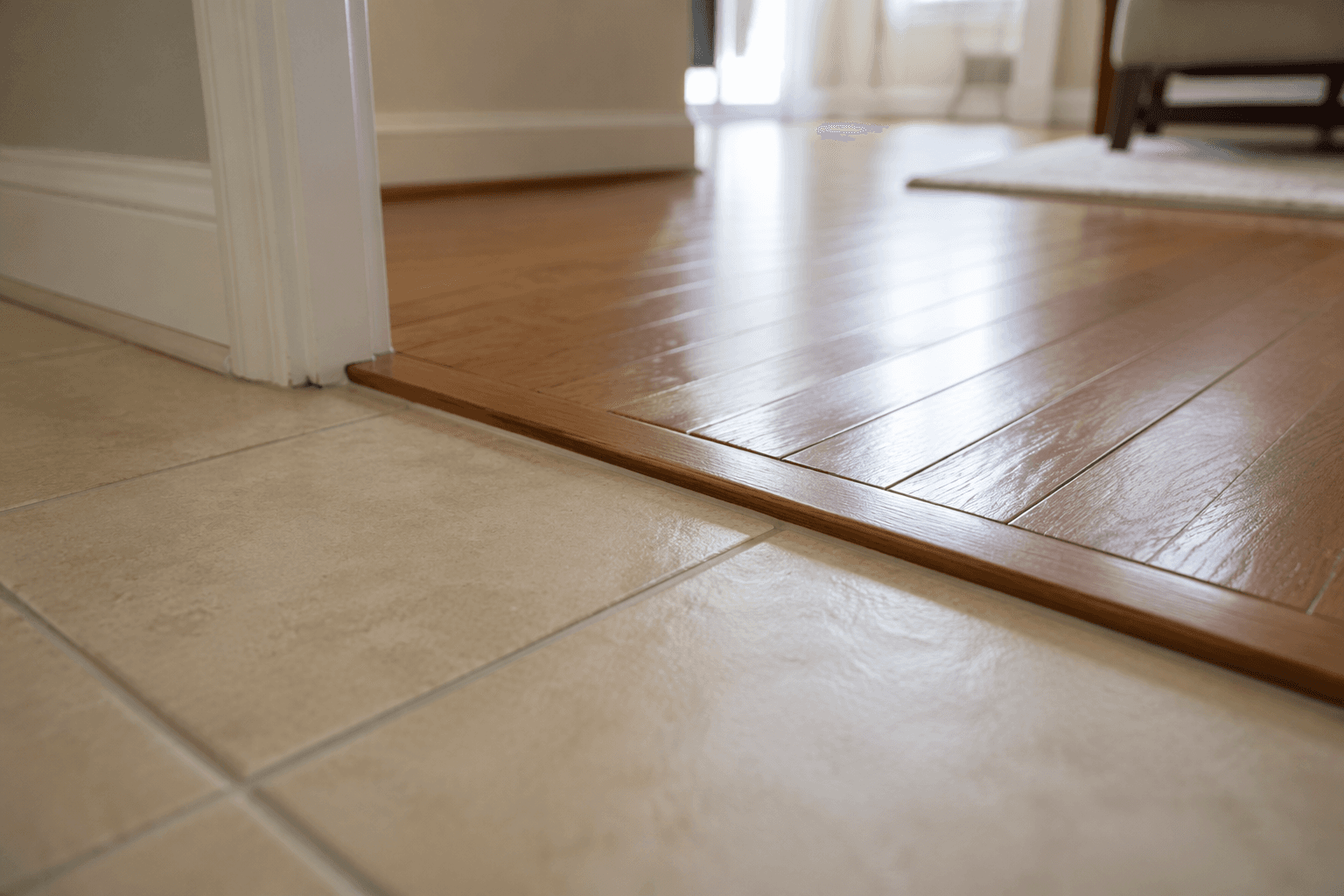 Raised doorway threshold where tile flooring transitions to hardwood