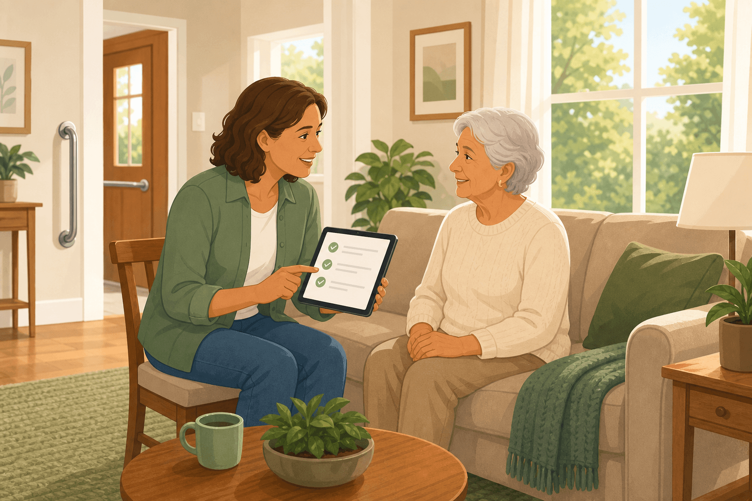 An adult child sits beside an aging parent on a living room sofa, reviewing a home assessment checklist on a tablet while natural daylight fills the room and a grab bar is visible in the background.
